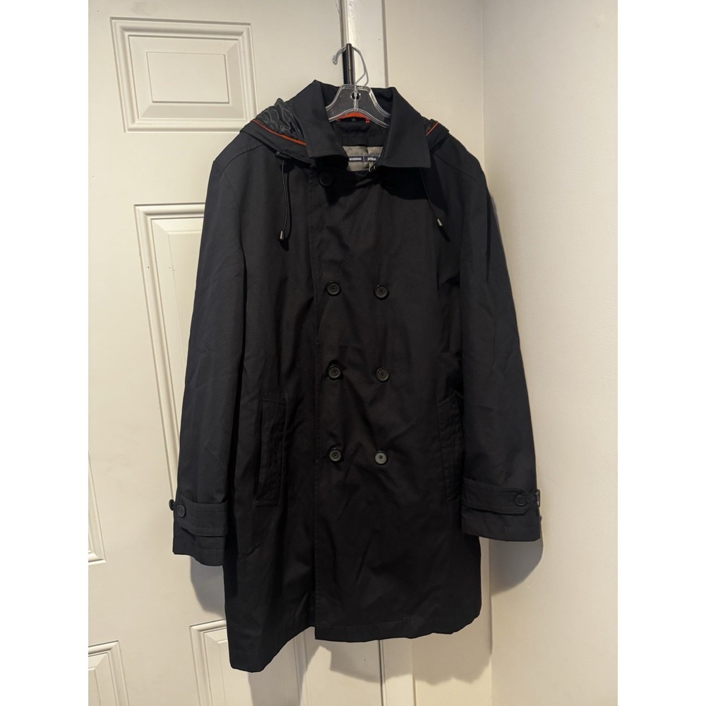 Stan Herman Men's Jet Blue Double Breasted Hooded Navy Trench Coat L LINED EUC